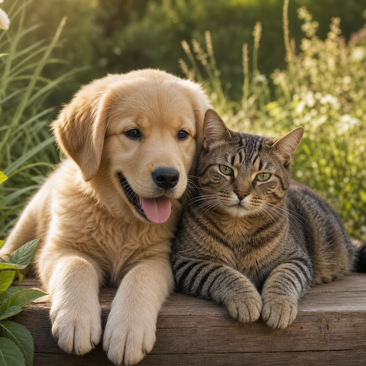 Happy puppy and cat together